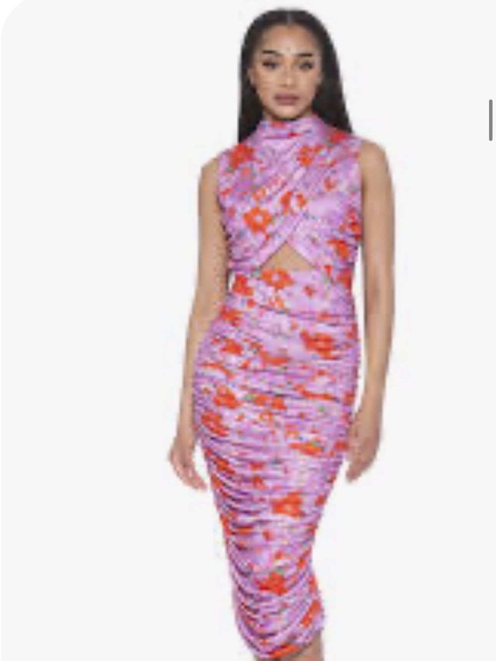 Alexia Admor Lavender Midi Dress with Red Floral Print and Front Cutout